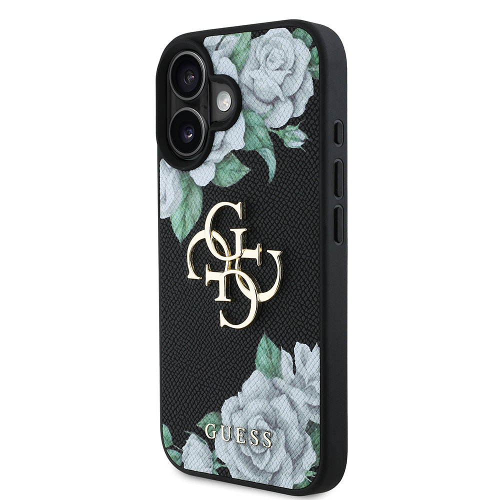 Apple iPhone 16 Kılıf Guess Beyaz Gül Baskılı Büyük Metal Logolu Kapak Siyah