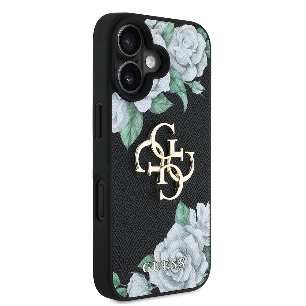Apple iPhone 16 Kılıf Guess Beyaz Gül Baskılı Büyük Metal Logolu Kapak Siyah