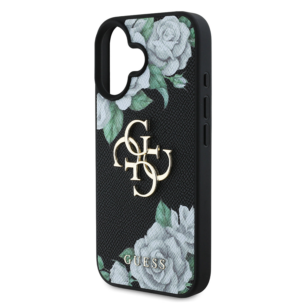 Apple iPhone 16 Kılıf Guess Beyaz Gül Baskılı Büyük Metal Logolu Kapak Siyah