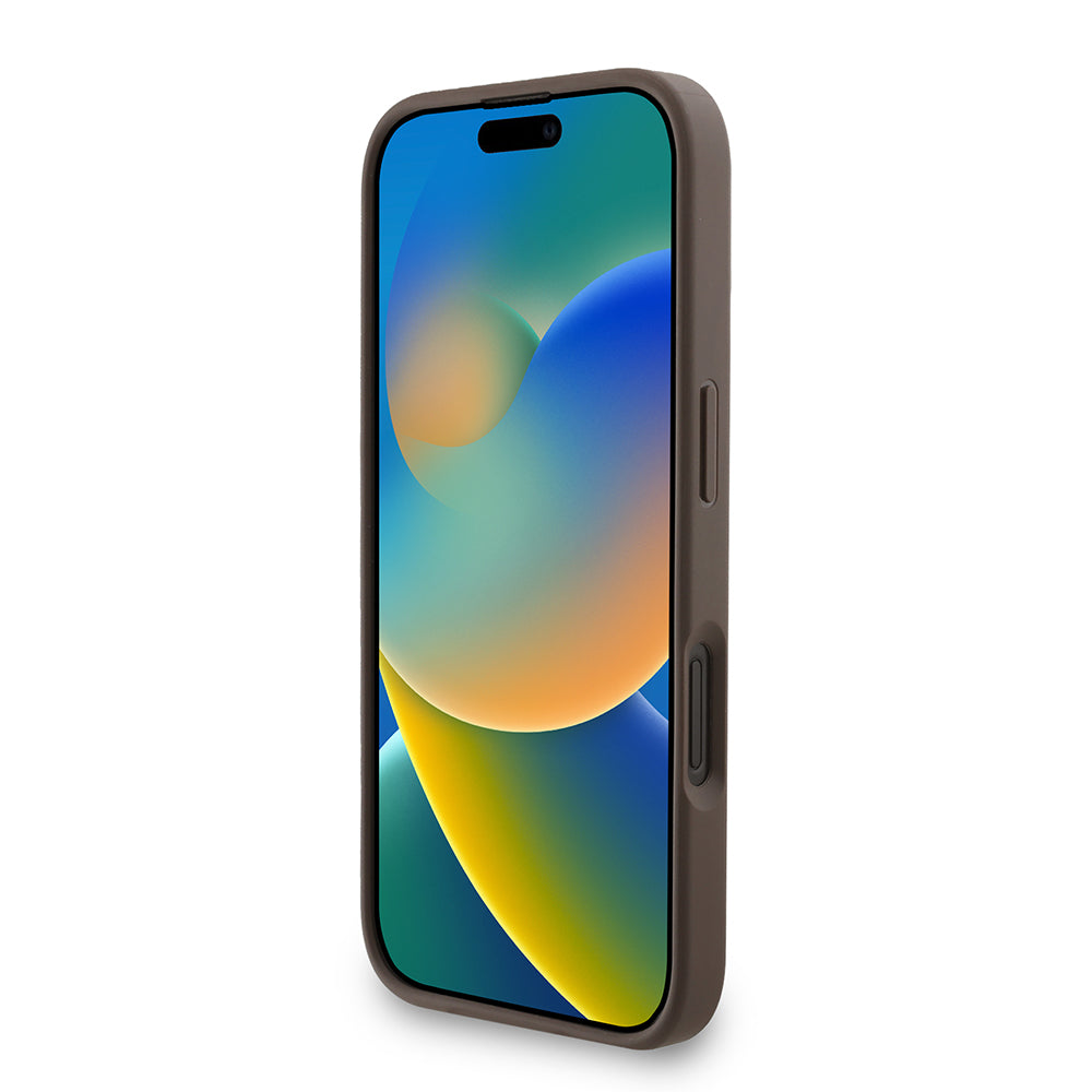 Apple iPhone 16 Kılıf Guess Bilek Askı İpli Kapak Metal Büyük 4G ve Yazı Logolu Kahverengi