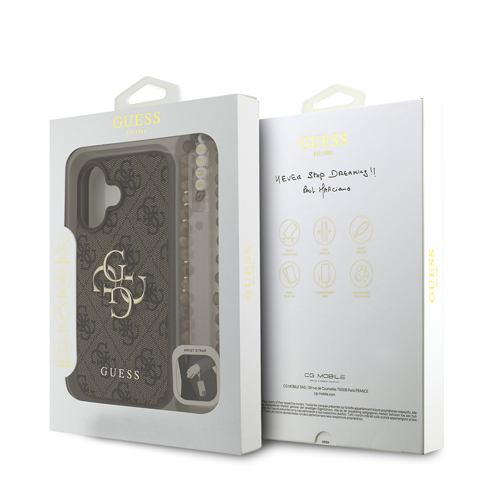 Apple iPhone 16 Kılıf Guess Bilek Askı İpli Kapak Metal Büyük 4G ve Yazı Logolu Kahverengi