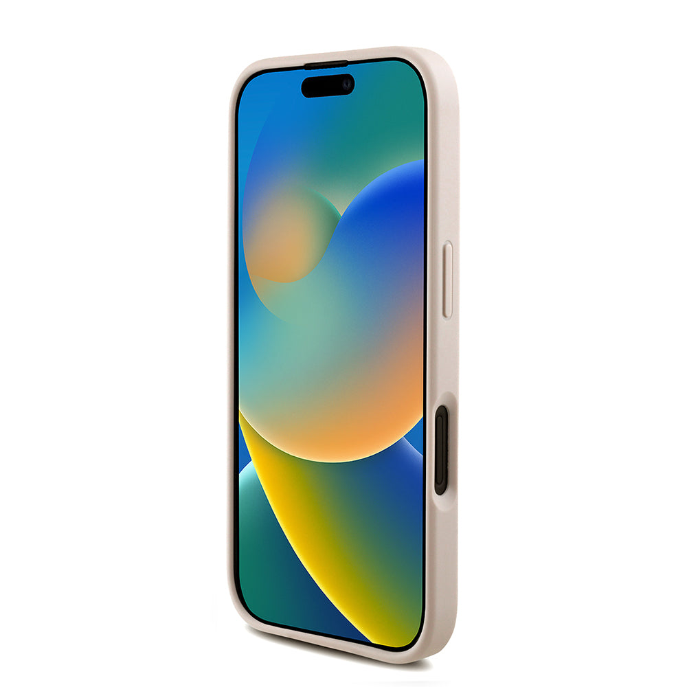 Apple iPhone 16 Kılıf Guess Bilek Askı İpli Kapak Metal Büyük 4G ve Yazı Logolu Pembe