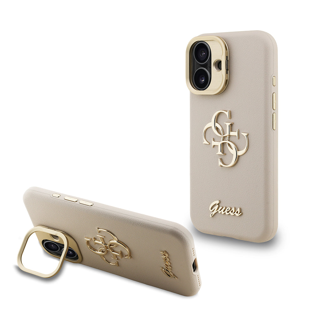 Apple iPhone 16 Kılıf Guess Kamera Standlı Grained Yazı Logolu Kapak Bej