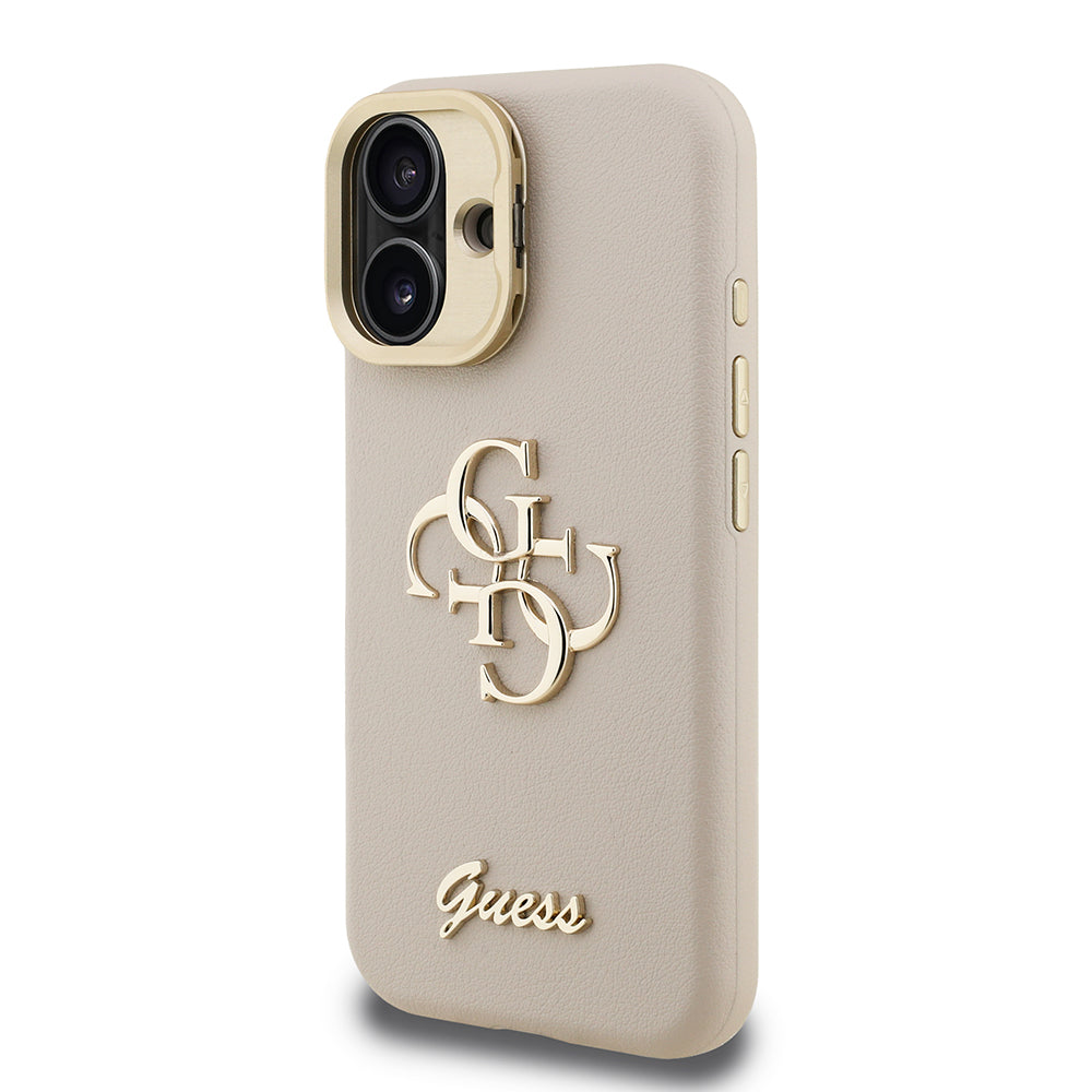 Apple iPhone 16 Kılıf Guess Kamera Standlı Grained Yazı Logolu Kapak Bej