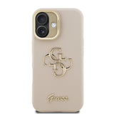 Apple iPhone 16 Kılıf Guess Kamera Standlı Grained Yazı Logolu Kapak Bej