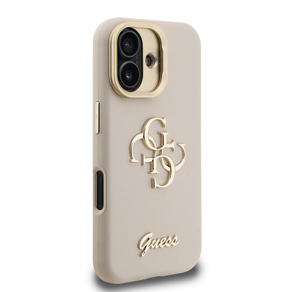 Apple iPhone 16 Kılıf Guess Kamera Standlı Grained Yazı Logolu Kapak Bej