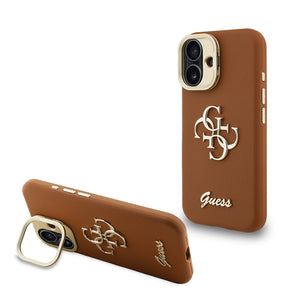 Apple iPhone 16 Kılıf Guess Kamera Standlı Grained Yazı Logolu Kapak Kahverengi