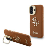 Apple iPhone 16 Kılıf Guess Kamera Standlı Grained Yazı Logolu Kapak Kahverengi