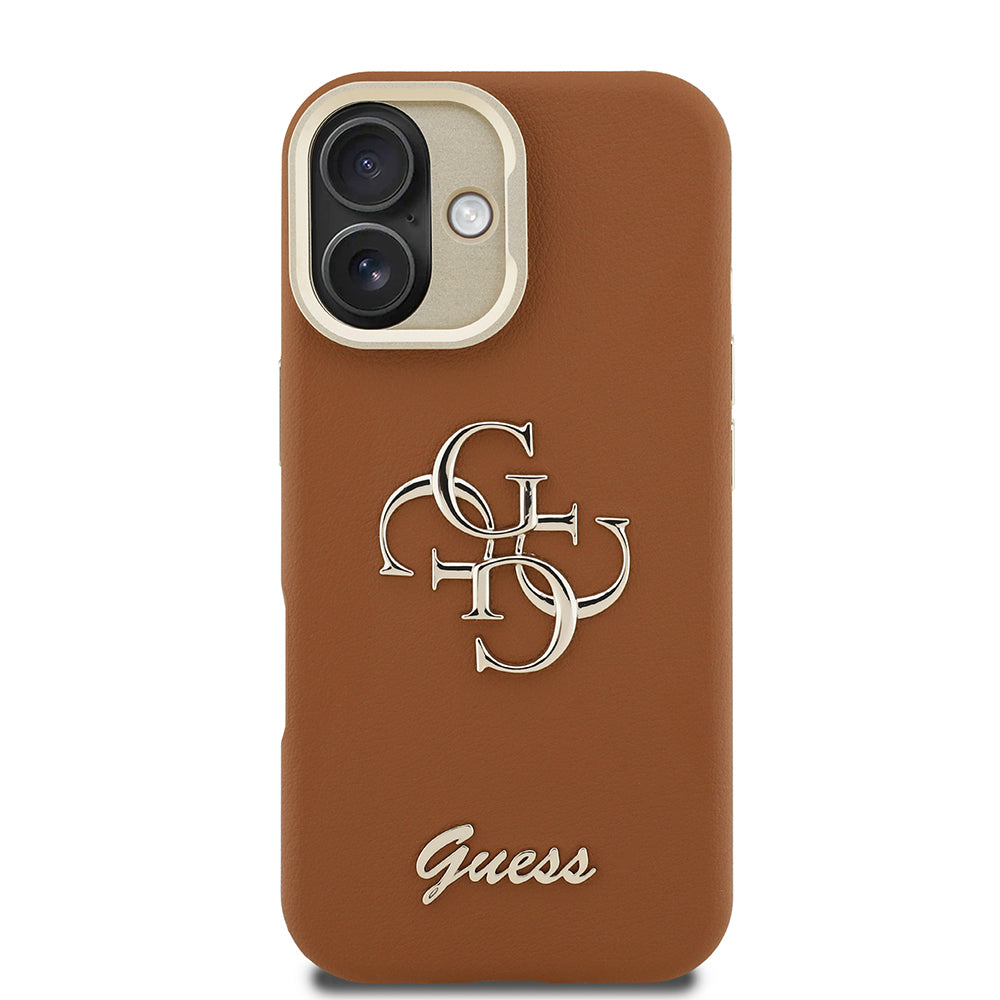 Apple iPhone 16 Kılıf Guess Kamera Standlı Grained Yazı Logolu Kapak Kahverengi