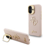 Apple iPhone 16 Kılıf Guess Kamera Standlı Grained Yazı Logolu Kapak Pembe
