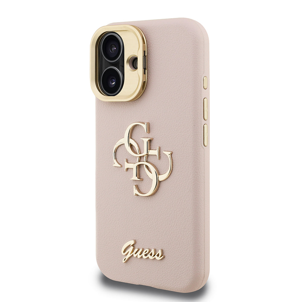 Apple iPhone 16 Kılıf Guess Kamera Standlı Grained Yazı Logolu Kapak Pembe