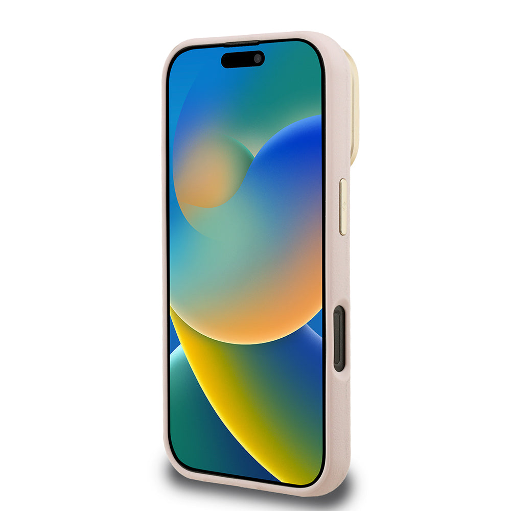 Apple iPhone 16 Kılıf Guess Kamera Standlı Grained Yazı Logolu Kapak Pembe