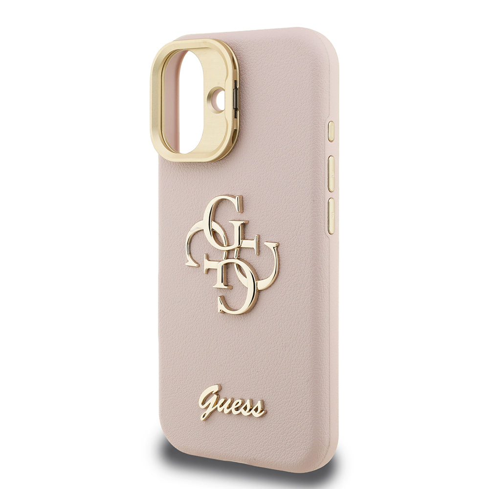Apple iPhone 16 Kılıf Guess Kamera Standlı Grained Yazı Logolu Kapak Pembe