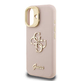 Apple iPhone 16 Kılıf Guess Kamera Standlı Grained Yazı Logolu Kapak Pembe
