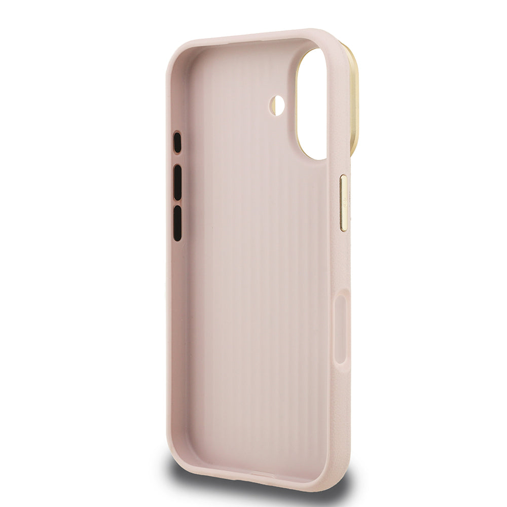 Apple iPhone 16 Kılıf Guess Kamera Standlı Grained Yazı Logolu Kapak Pembe