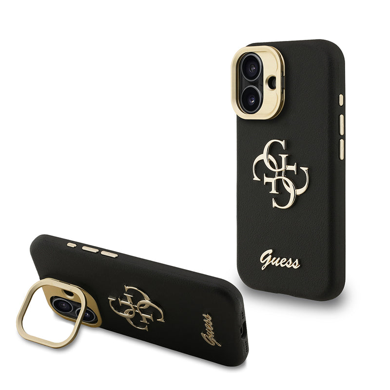 Apple iPhone 16 Kılıf Guess Kamera Standlı Grained Yazı Logolu Kapak Siyah