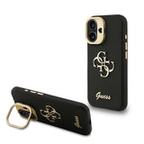 Apple iPhone 16 Kılıf Guess Kamera Standlı Grained Yazı Logolu Kapak Siyah