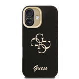 Apple iPhone 16 Kılıf Guess Kamera Standlı Grained Yazı Logolu Kapak Siyah