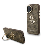 Apple iPhone 16 Kılıf Guess Kamera Standlı Kapak 4G Desenli Metal 4G Logolu Kahverengi
