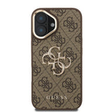 Apple iPhone 16 Kılıf Guess Kamera Standlı Kapak 4G Desenli Metal 4G Logolu Kahverengi