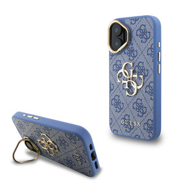 Apple iPhone 16 Kılıf Guess Kamera Standlı Kapak 4G Desenli Metal 4G Logolu Mavi