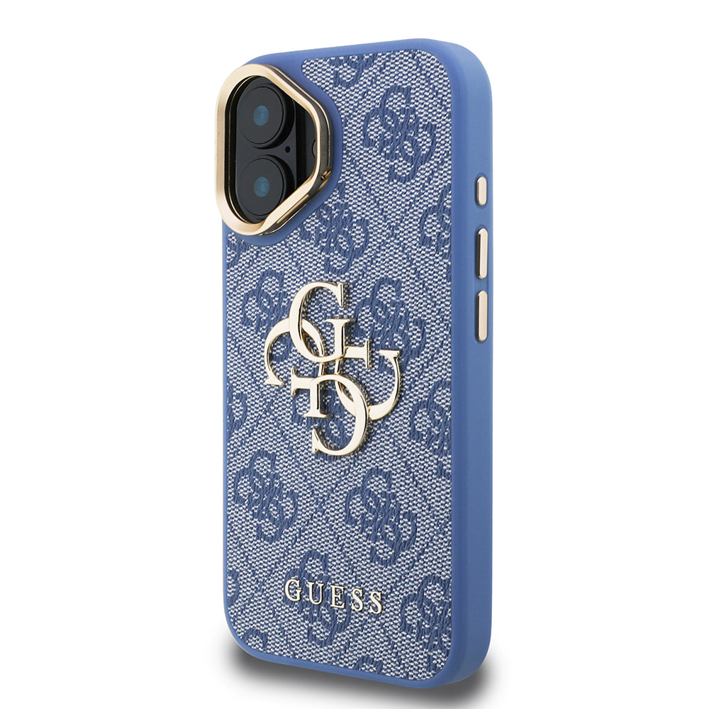 Apple iPhone 16 Kılıf Guess Kamera Standlı Kapak 4G Desenli Metal 4G Logolu Mavi