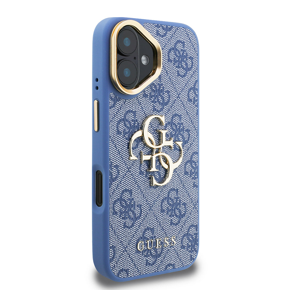 Apple iPhone 16 Kılıf Guess Kamera Standlı Kapak 4G Desenli Metal 4G Logolu Mavi