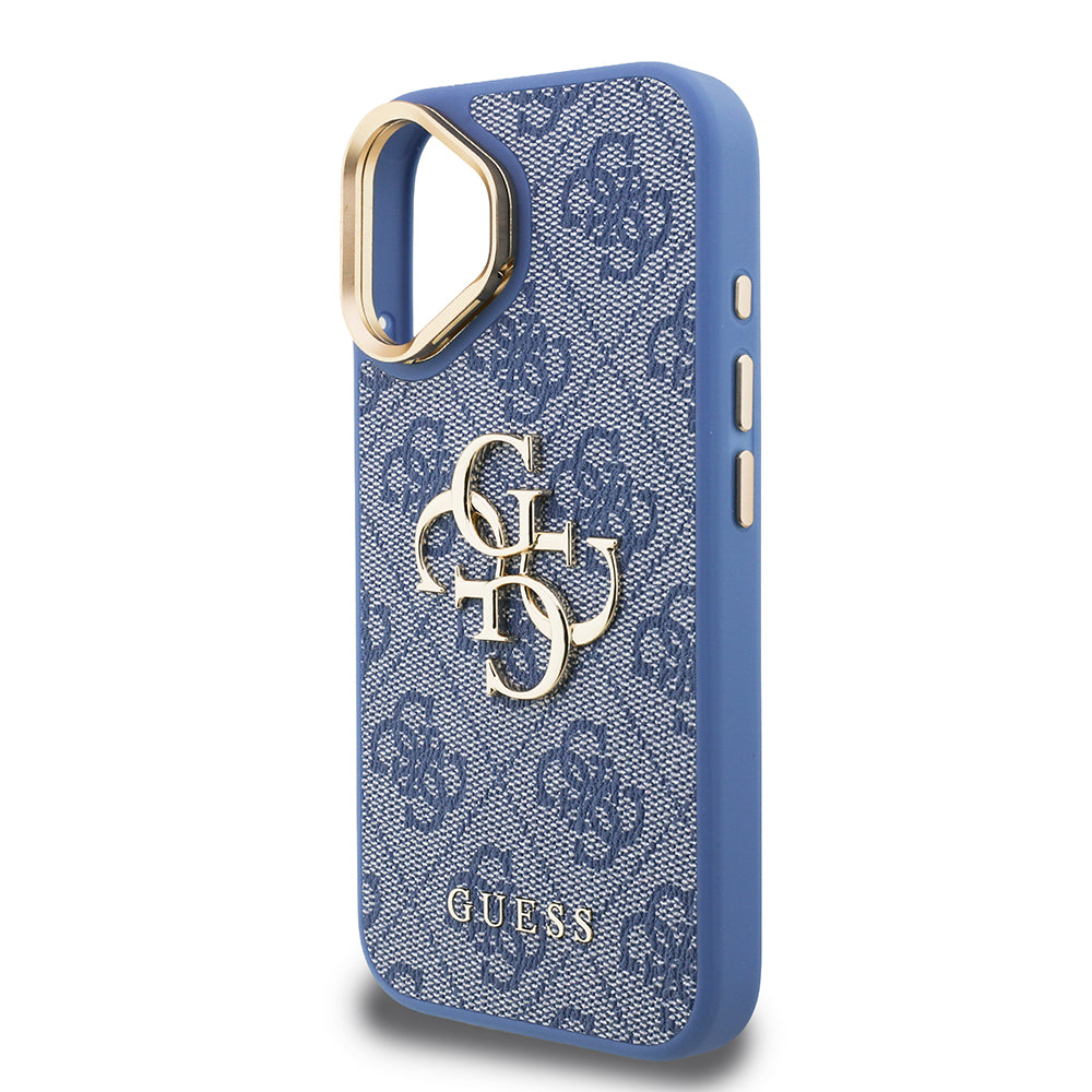 Apple iPhone 16 Kılıf Guess Kamera Standlı Kapak 4G Desenli Metal 4G Logolu Mavi