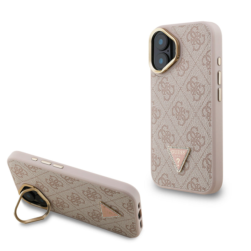 Apple iPhone 16 Kılıf Guess Kamera Standlı M-Safe Özellikli Kapak Üçgen Logo 4G Desenli Pembe