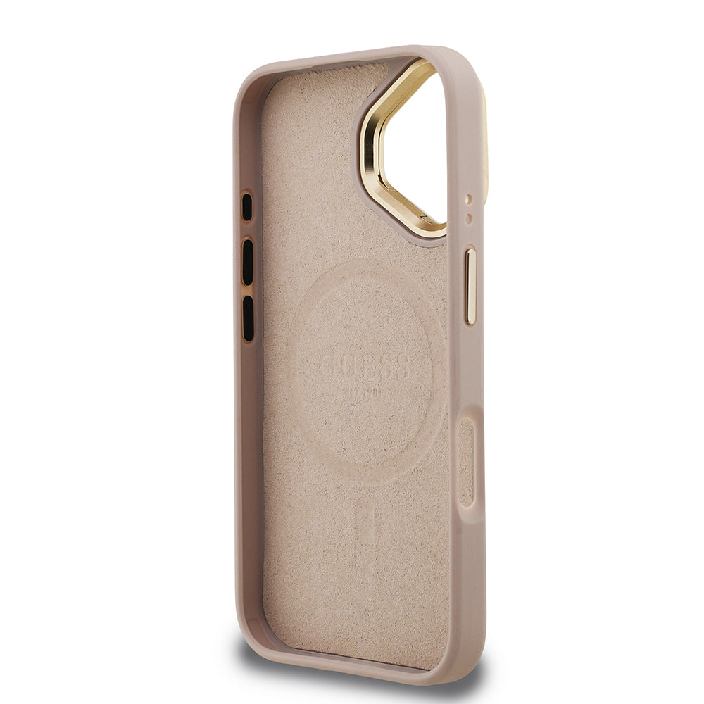 Apple iPhone 16 Kılıf Guess Kamera Standlı M-Safe Özellikli Kapak Üçgen Logo 4G Desenli Pembe