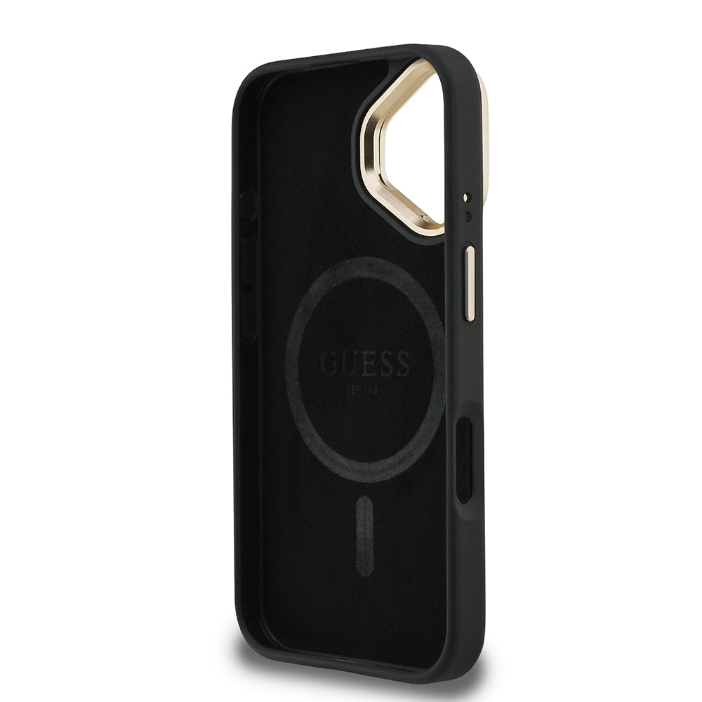 Apple iPhone 16 Kılıf Guess Kamera Standlı M-Safe Özellikli Kapak Üçgen Logo 4G Desenli Siyah