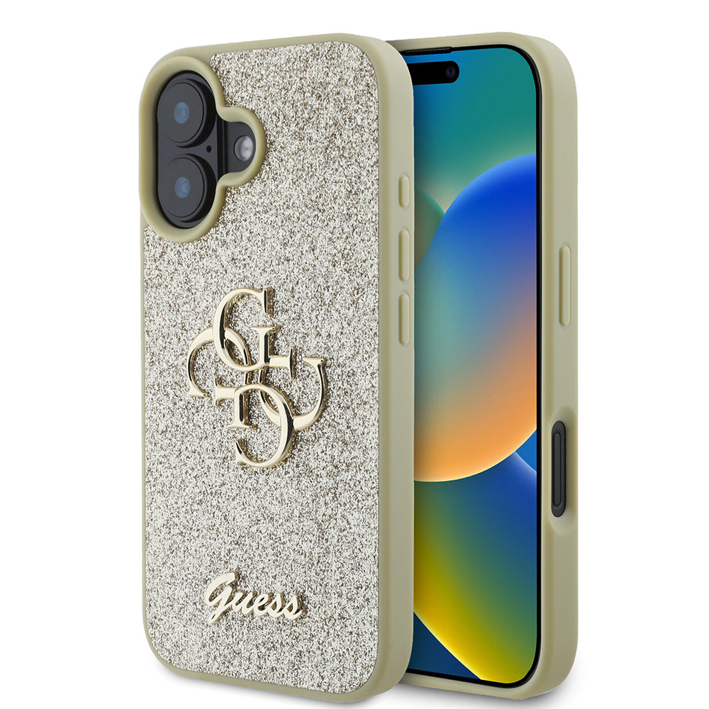 Apple iPhone 16 Kılıf Guess 4G Büyük Metal Logolu Glitter Kapak Gold