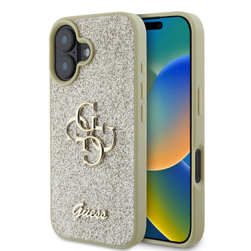 Apple iPhone 16 Kılıf Guess 4G Büyük Metal Logolu Glitter Kapak Gold