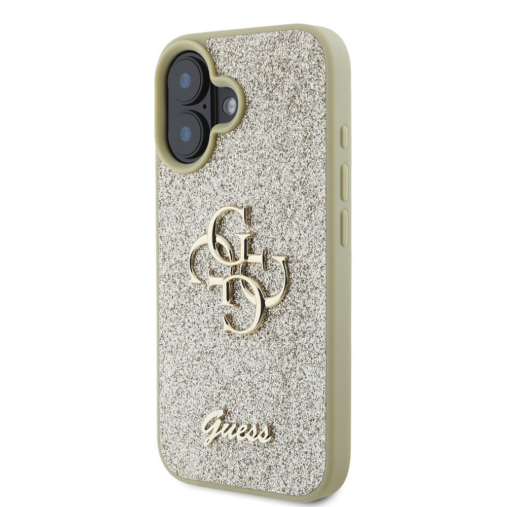 Apple iPhone 16 Kılıf Guess 4G Büyük Metal Logolu Glitter Kapak Gold