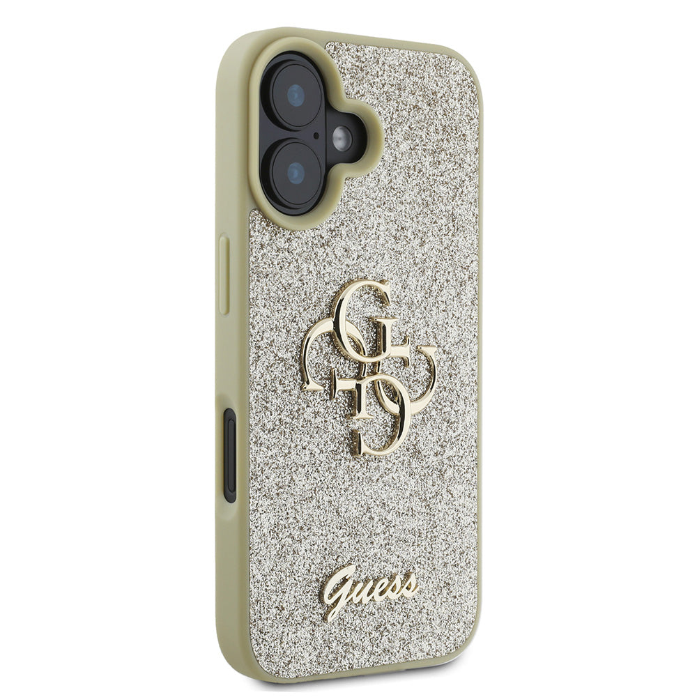 Apple iPhone 16 Kılıf Guess 4G Büyük Metal Logolu Glitter Kapak Gold