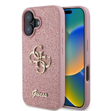 Apple iPhone 16 Kılıf Guess 4G Büyük Metal Logolu Glitter Kapak Pembe