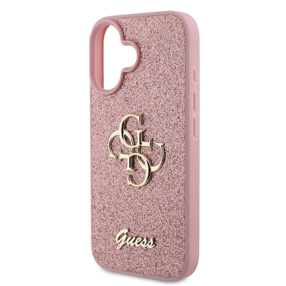 Apple iPhone 16 Kılıf Guess 4G Büyük Metal Logolu Glitter Kapak Pembe