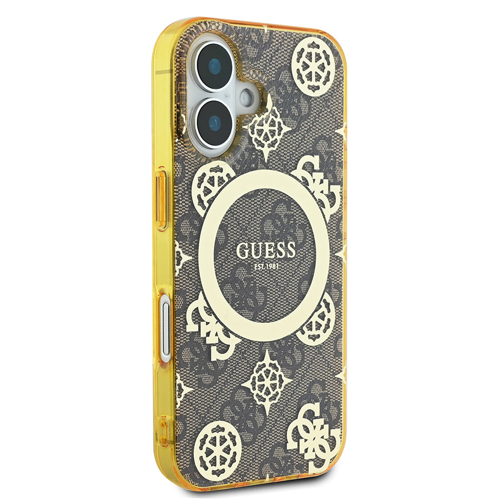 Apple iPhone 16 Kılıf Guess Magsafe Şarj Özellikli 4G Desenli IML Yazı Logolu Peony Kapak Kahverengi