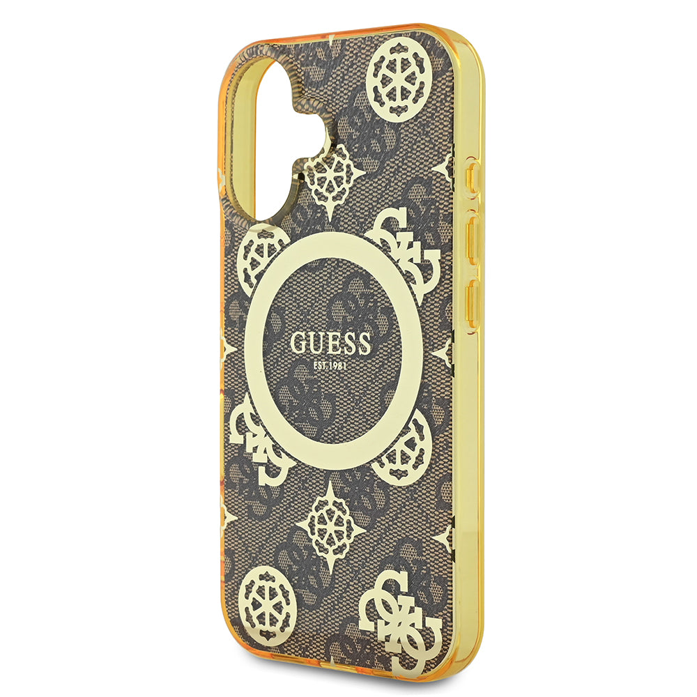 Apple iPhone 16 Kılıf Guess Magsafe Şarj Özellikli 4G Desenli IML Yazı Logolu Peony Kapak Kahverengi