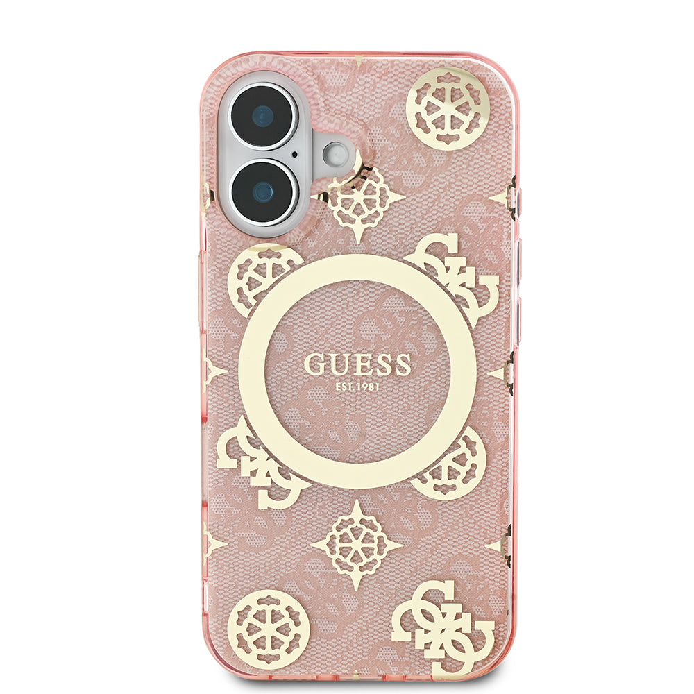 Apple iPhone 16 Kılıf Guess Magsafe Şarj Özellikli 4G Desenli IML Yazı Logolu Peony Kapak Pembe
