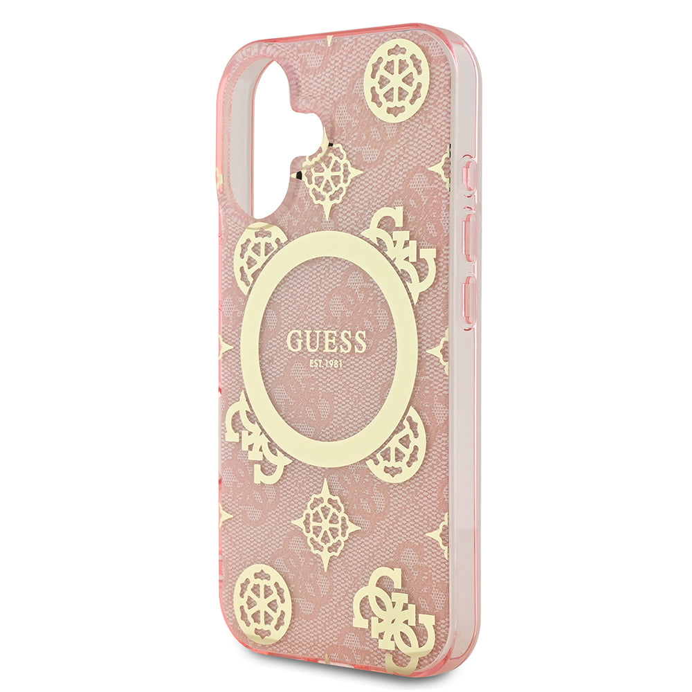 Apple iPhone 16 Kılıf Guess Magsafe Şarj Özellikli 4G Desenli IML Yazı Logolu Peony Kapak Pembe