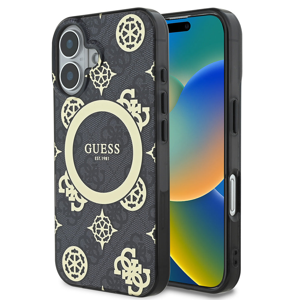 Apple iPhone 16 Kılıf Guess Magsafe Şarj Özellikli 4G Desenli IML Yazı Logolu Peony Kapak Siyah