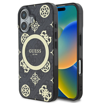 Apple iPhone 16 Kılıf Guess Magsafe Şarj Özellikli 4G Desenli IML Yazı Logolu Peony Kapak Siyah