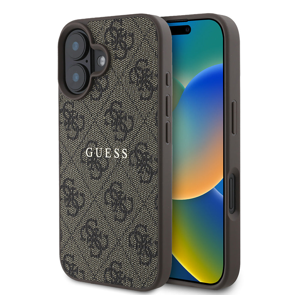 Apple iPhone 16 Kılıf Guess Magsafe Şarj Özellikli 4G Desenli Yazı Logolu Kapak Kahverengi