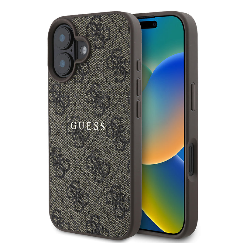 Apple iPhone 16 Kılıf Guess Magsafe Şarj Özellikli 4G Desenli Yazı Logolu Kapak Kahverengi