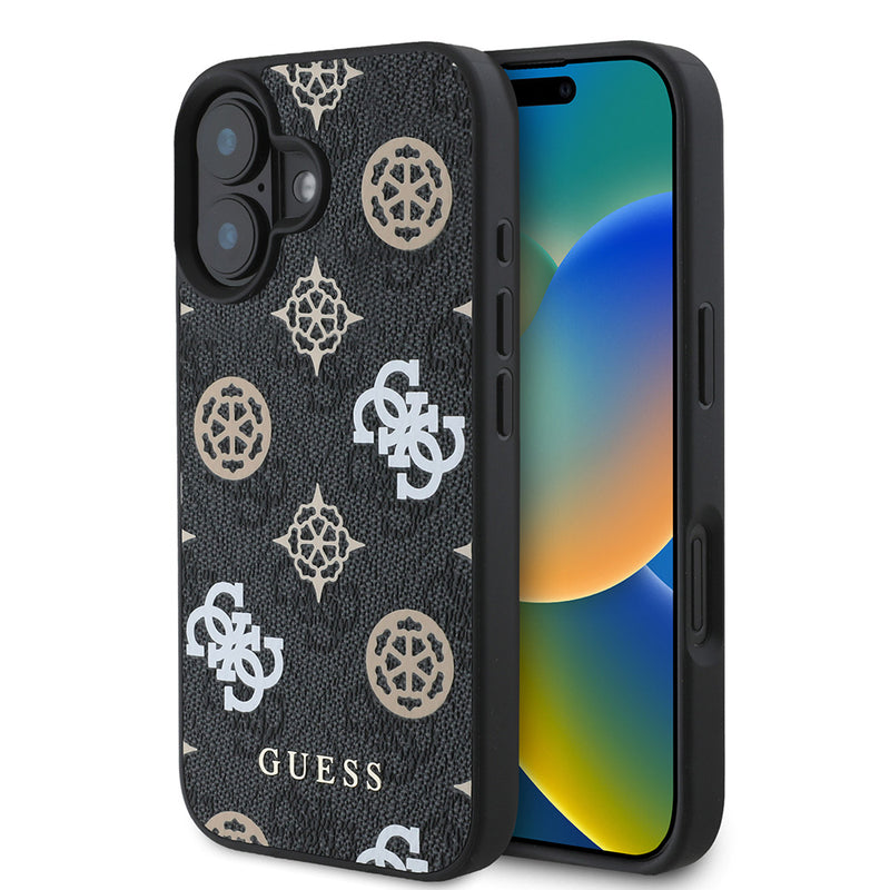 Apple iPhone 16 Kılıf Guess Magsafe Şarj Özellikli 4G Desenli Yazı Logolu Peony Kapak Siyah