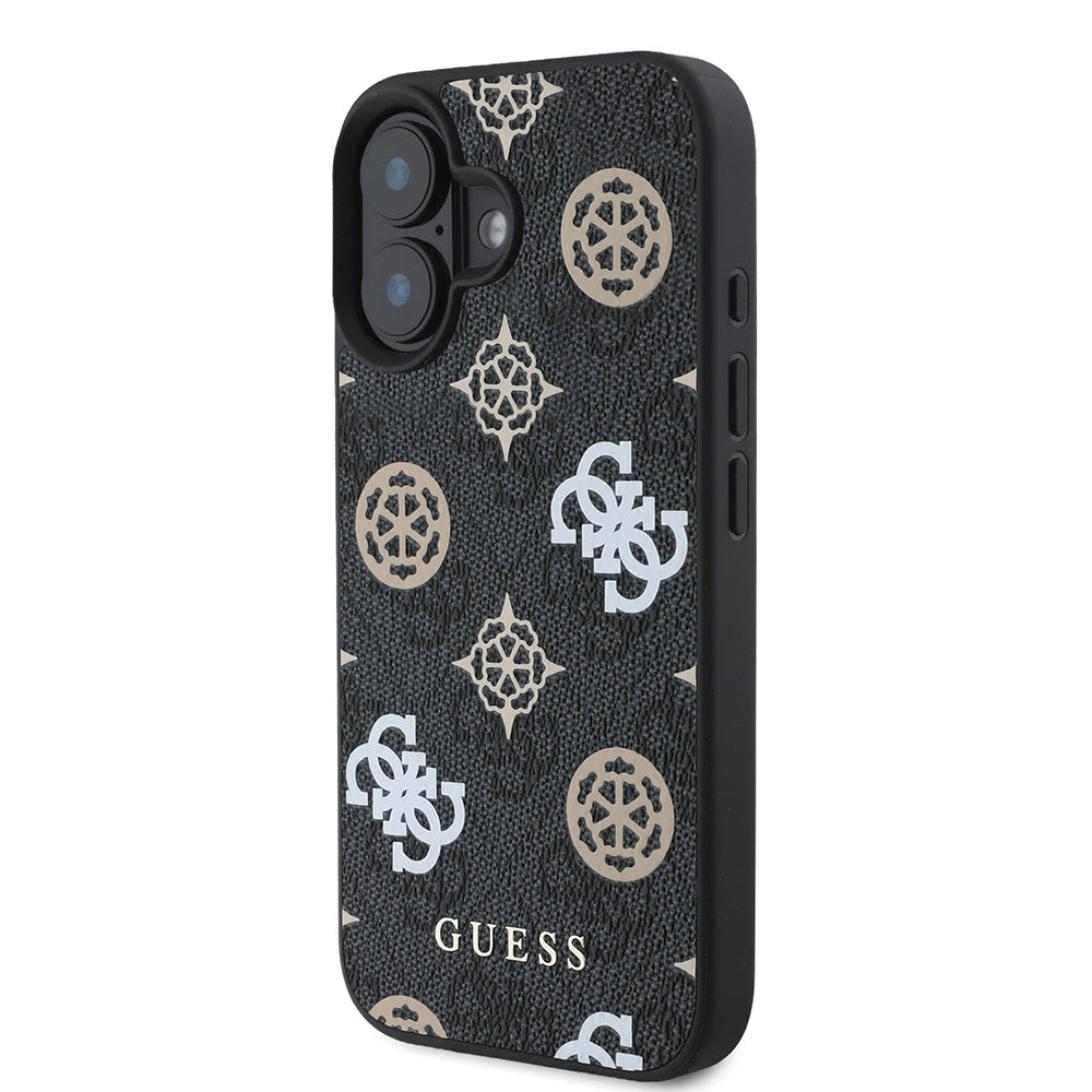 Apple iPhone 16 Kılıf Guess Magsafe Şarj Özellikli 4G Desenli Yazı Logolu Peony Kapak Siyah