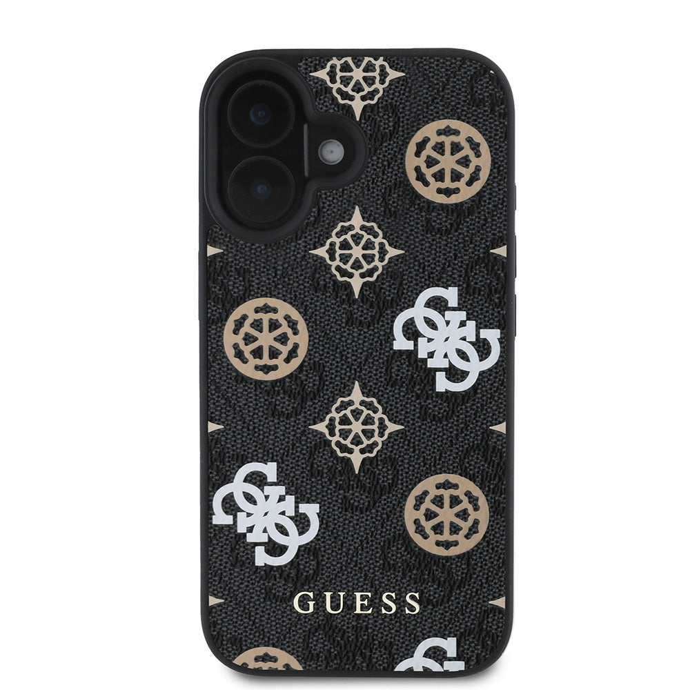 Apple iPhone 16 Kılıf Guess Magsafe Şarj Özellikli 4G Desenli Yazı Logolu Peony Kapak Siyah