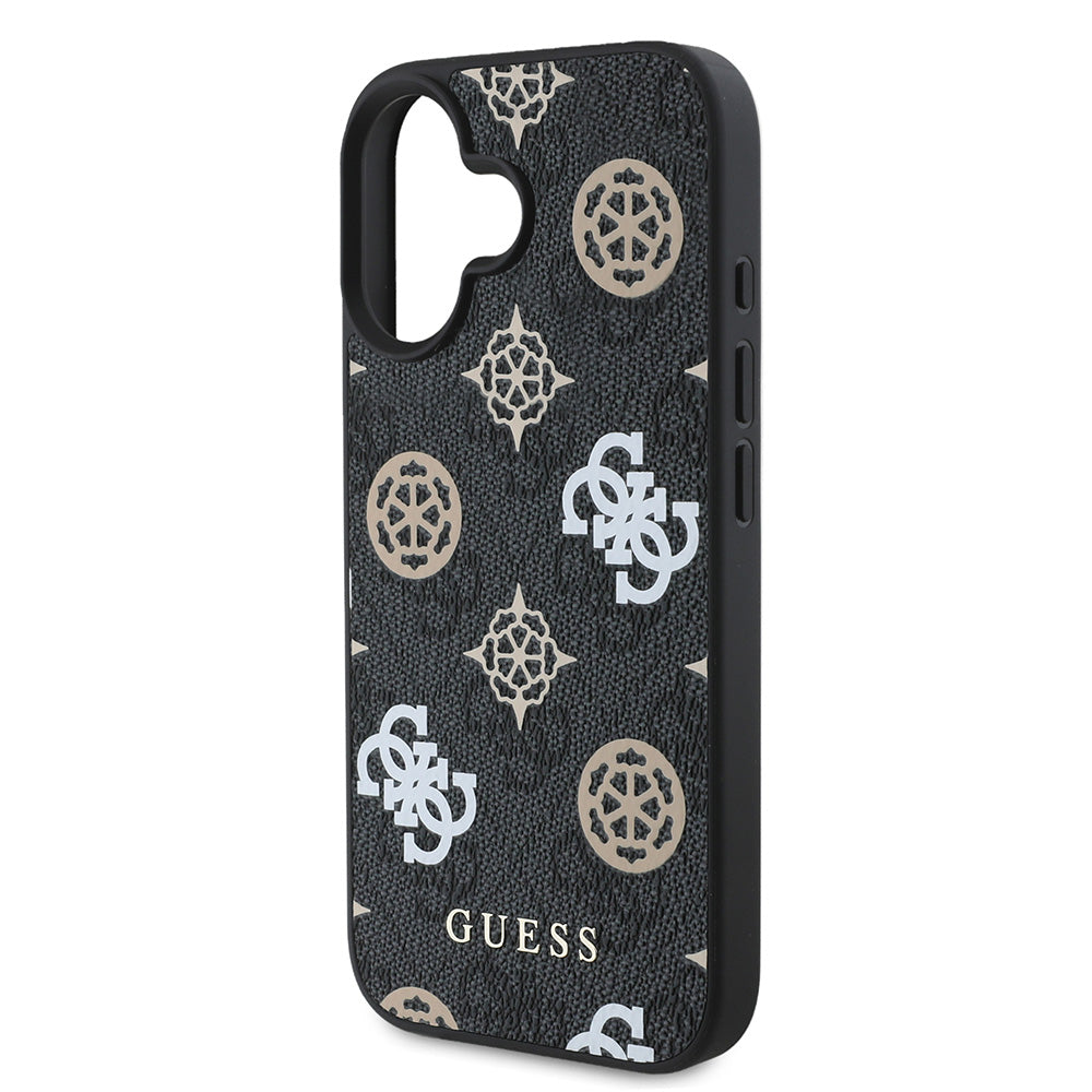 Apple iPhone 16 Kılıf Guess Magsafe Şarj Özellikli 4G Desenli Yazı Logolu Peony Kapak Siyah
