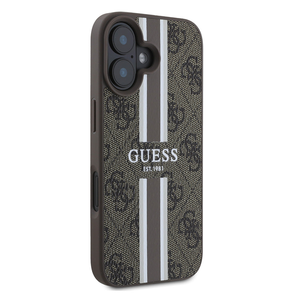 Apple iPhone 16 Kılıf Guess Magsafe Şarj Özellikli 4G Şerit Tasarımlı Printed Kapak Kahverengi